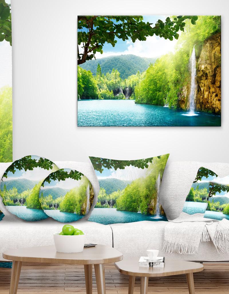 designq Waterfall in Deep Forest - Landscape Photography Throw Pillow