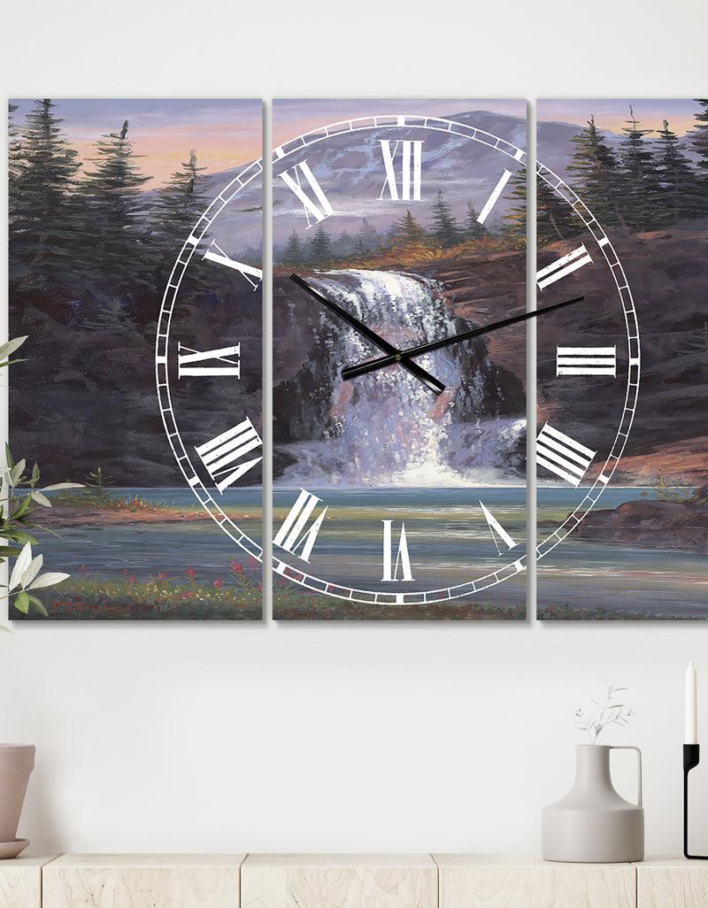designq Waterfall Mountain Afternoon - Large Traditional Wall Clock - 3 Panels