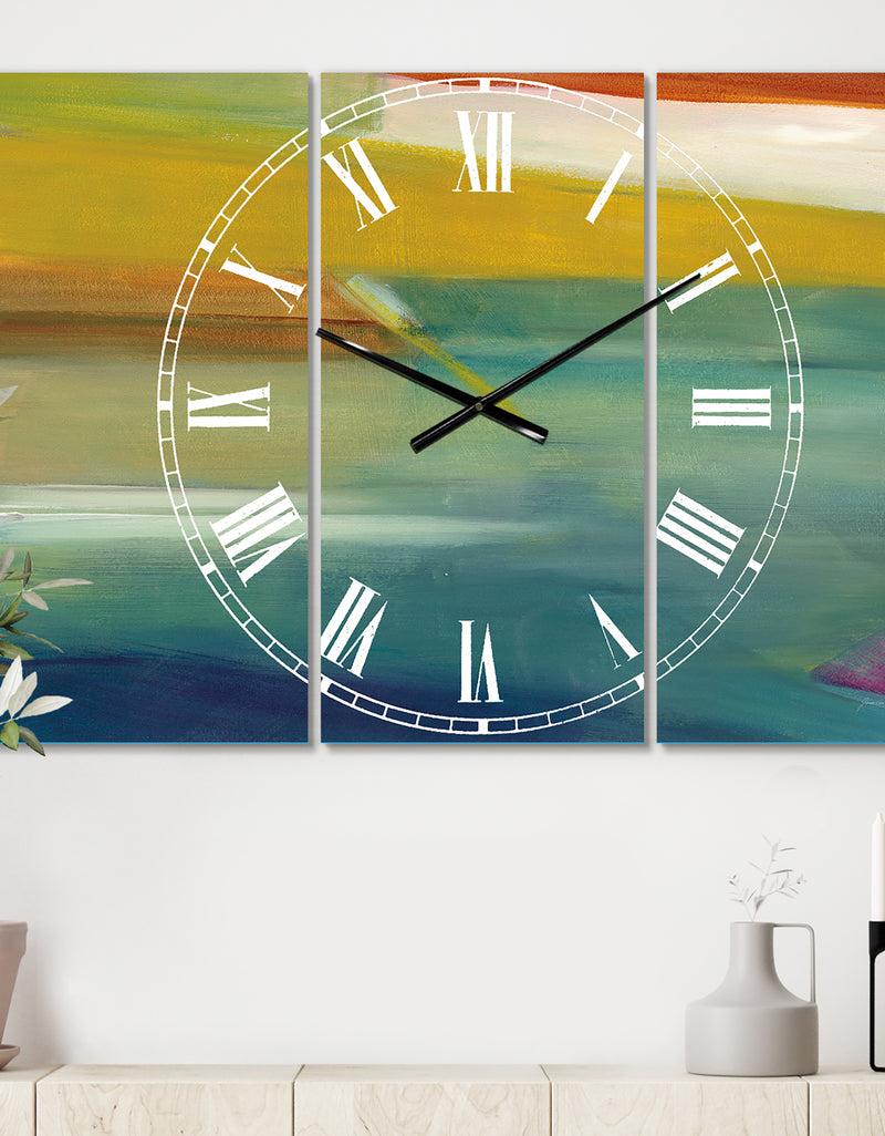designq Waterpainting Impression of Indigo And Green - Cottage 3 Panels Oversized Wall CLock