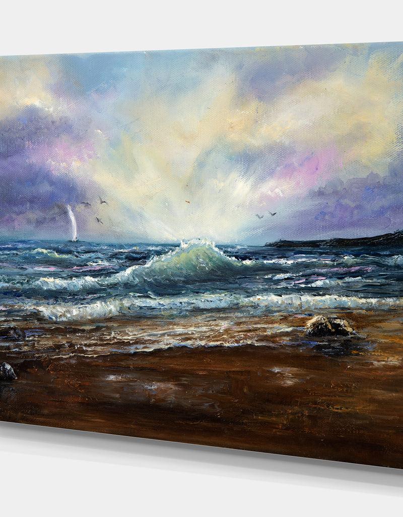 Designq Waves At Ocean Sea Shore - Sea & Shore Painting Print On Wrapped Canvas
