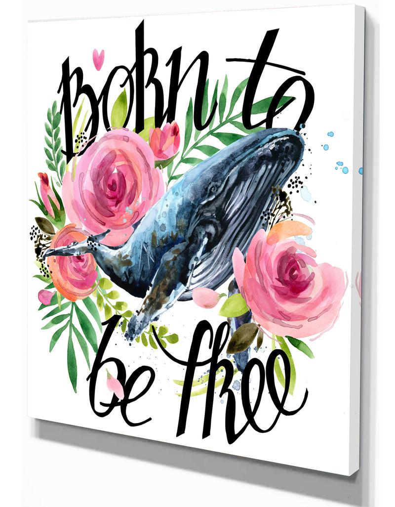 Designq Whale And Roses - Floral Painting Print On Wrapped Canvas