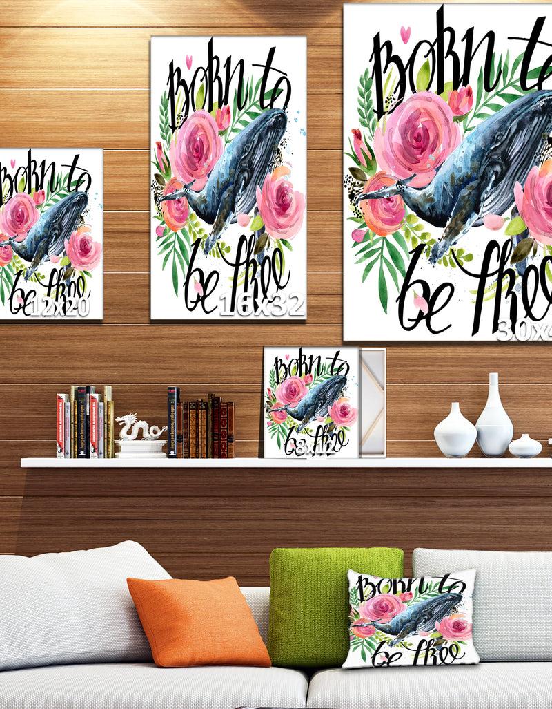 Designq Whale And Roses - Floral Painting Print On Wrapped Canvas