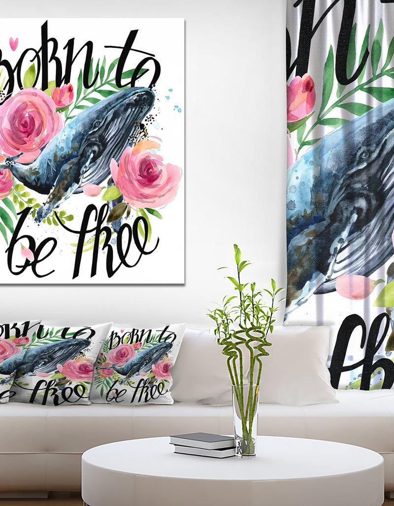 designq Whale and Roses - Floral Painting Print on Wrapped Canvas