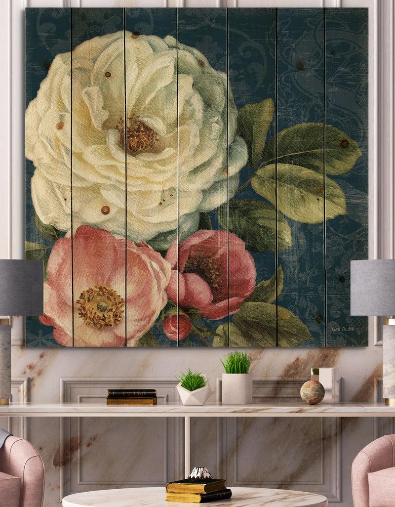 designq White and Pink Damask Rose Flowers - Farmhouse Print on Natural Pine Wood