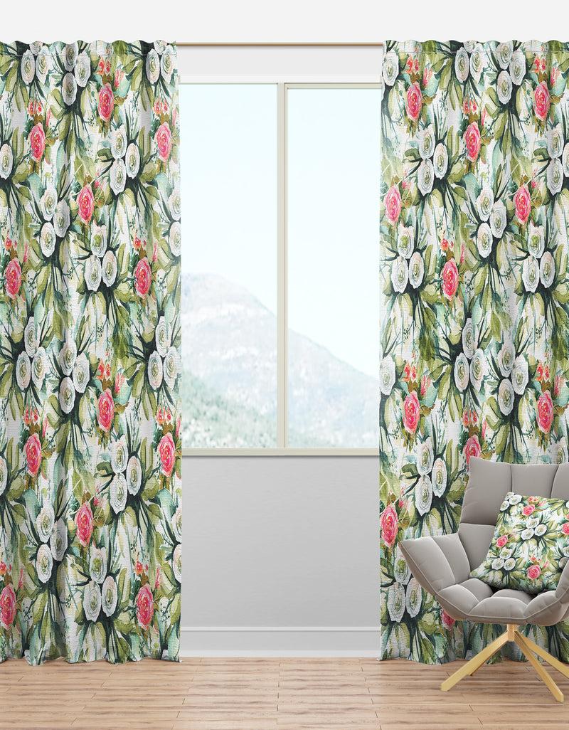 designq White and Red Roses in Seamless Pattern - Floral Curtain Panels