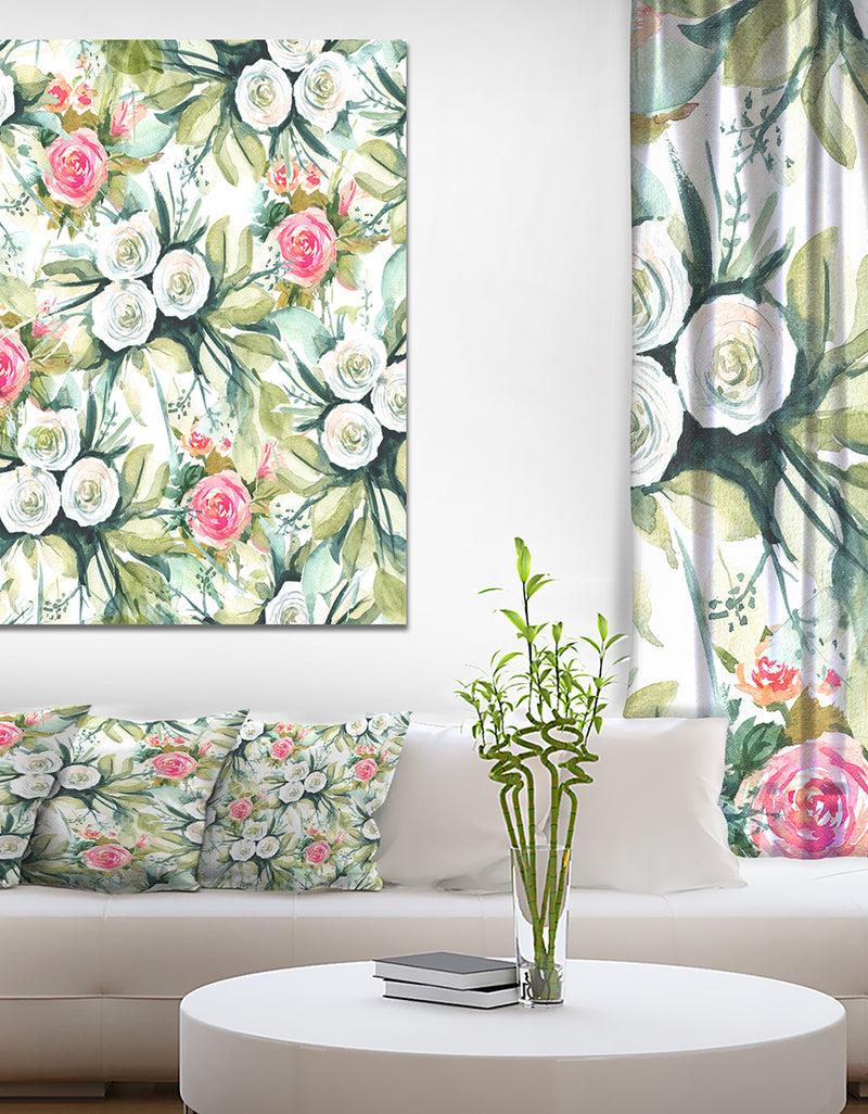 designq White and Red Roses in Seamless Pattern - Floral Painting Print on Wrapped Canvas