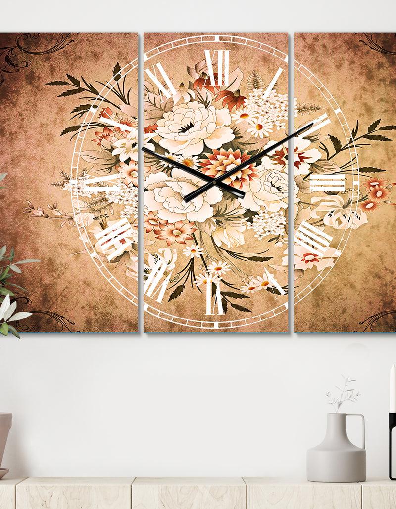 designq White and Yellow Floral Pattern - Cottage 3 Panels Oversized Wall CLock