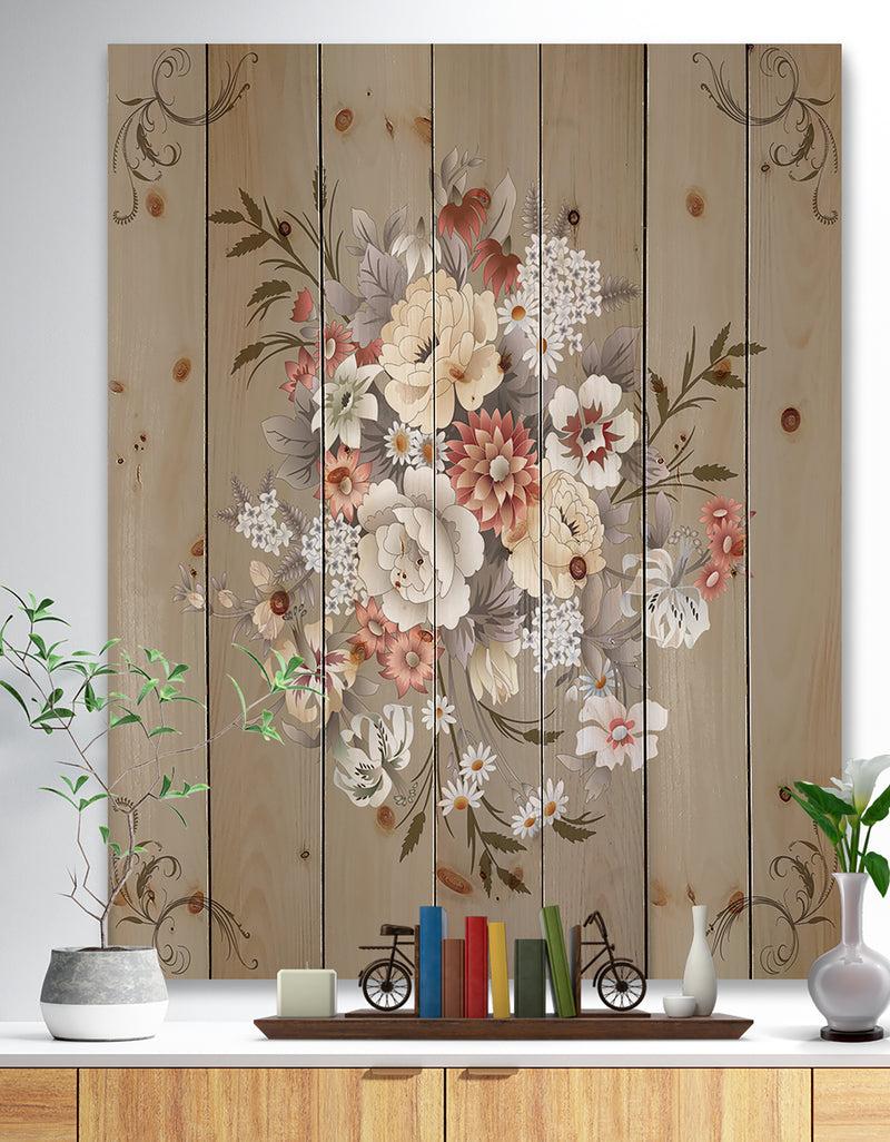 designq White and Yellow Floral Pattern - Floral Print on Natural Pine Wood