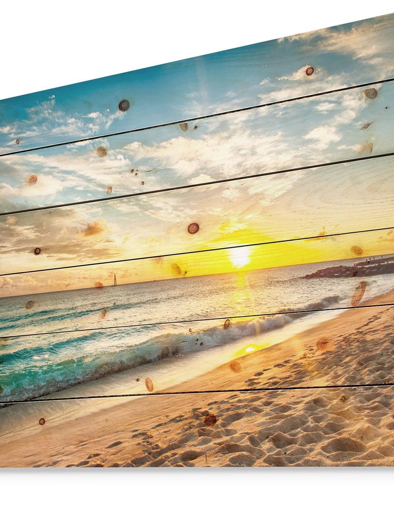 Designq White Beach In Island Of Barbados - Modern Seascape Print On Natural Pine Wood