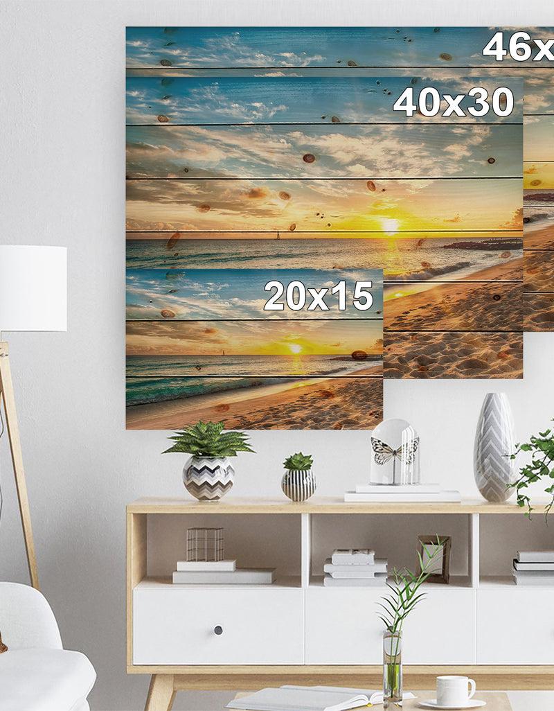 Designq White Beach In Island Of Barbados - Modern Seascape Print On Natural Pine Wood