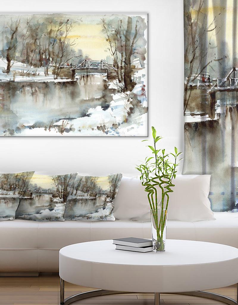 designq White Bridge Over River - Landscape Canvas Print