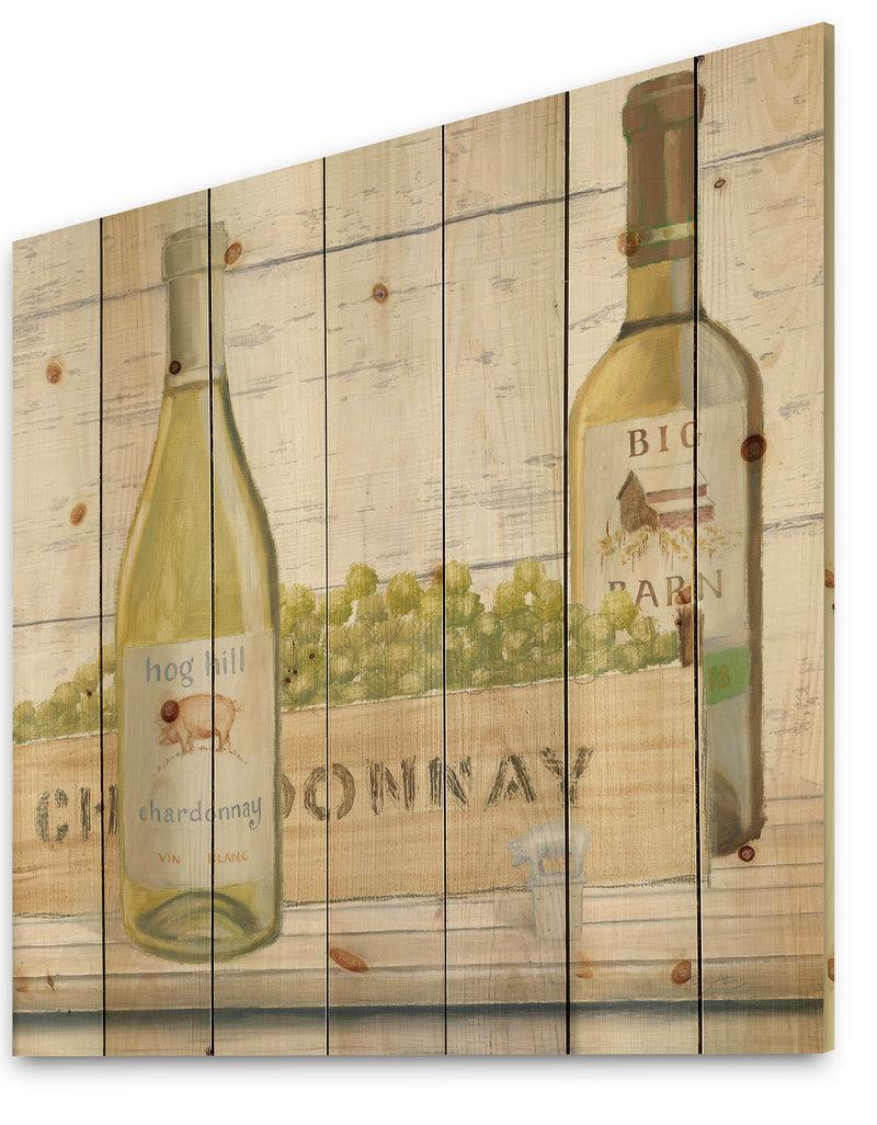 Designq White Chardonnay Wine Bottles - Food And Beverage Print On Natural Pine Wood