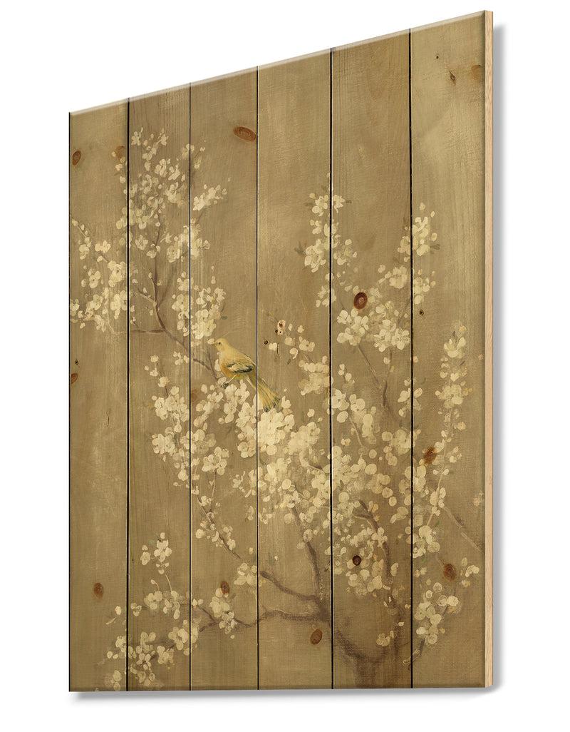 Designq White Cherry Blossom III - Farmhouse Print On Natural Pine Wood