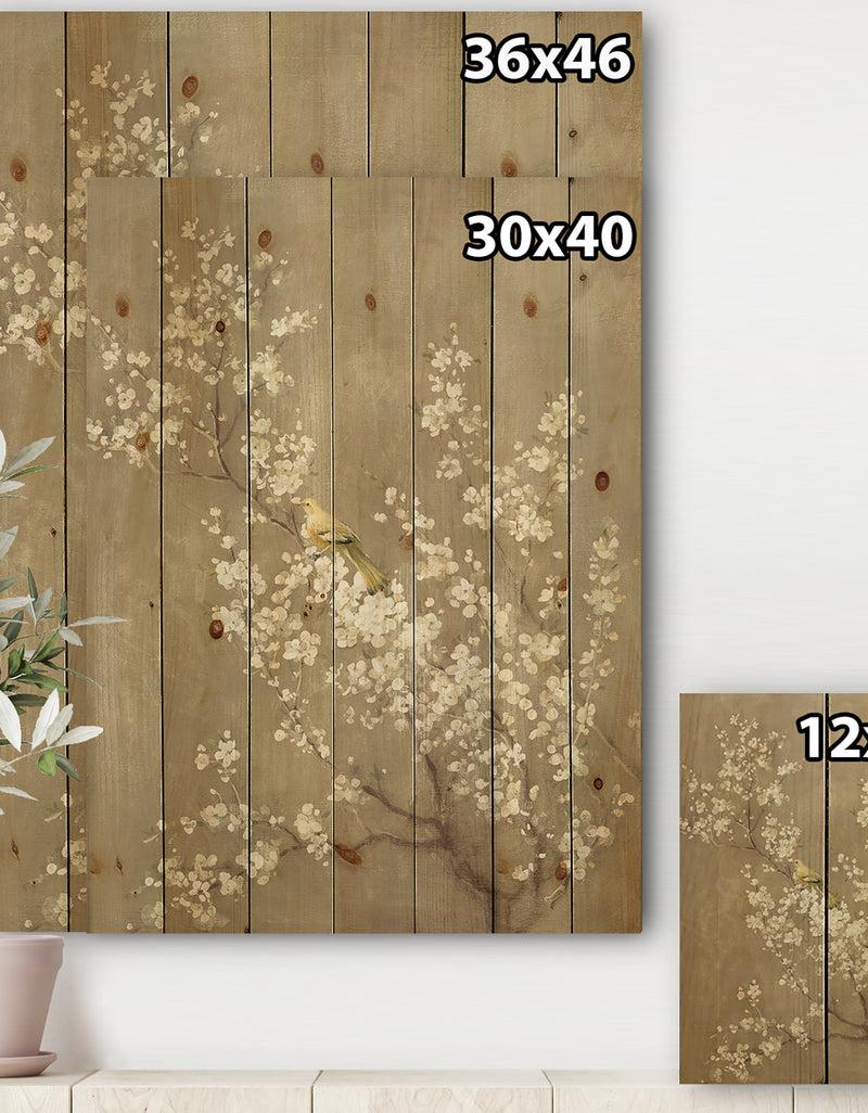Designq White Cherry Blossom III - Farmhouse Print On Natural Pine Wood