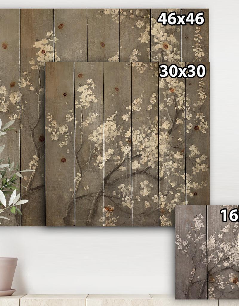 Designq White Cherry Blossoms I - Traditional Print On Natural Pine Wood