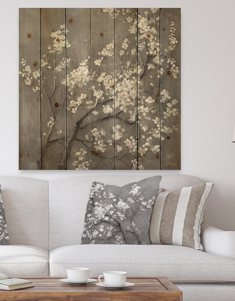 designq White Cherry Blossoms I - Traditional Print on Natural Pine Wood