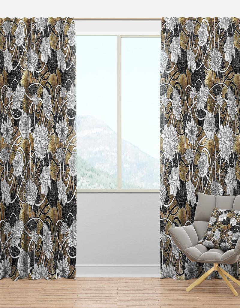 designq White Drawn Flowers with Black Roses on Brown - Floral Curtain Panels