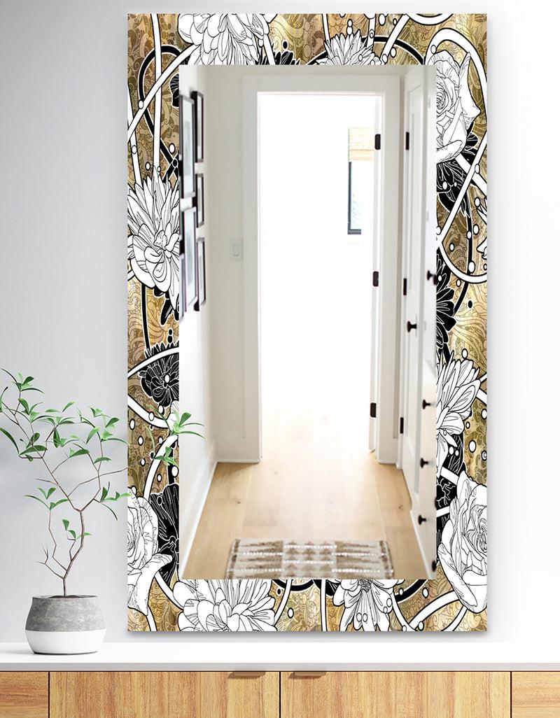 designq White Drawn Flowers With Black Roses On Brown - Traditional Mirror - Vanity Mirror