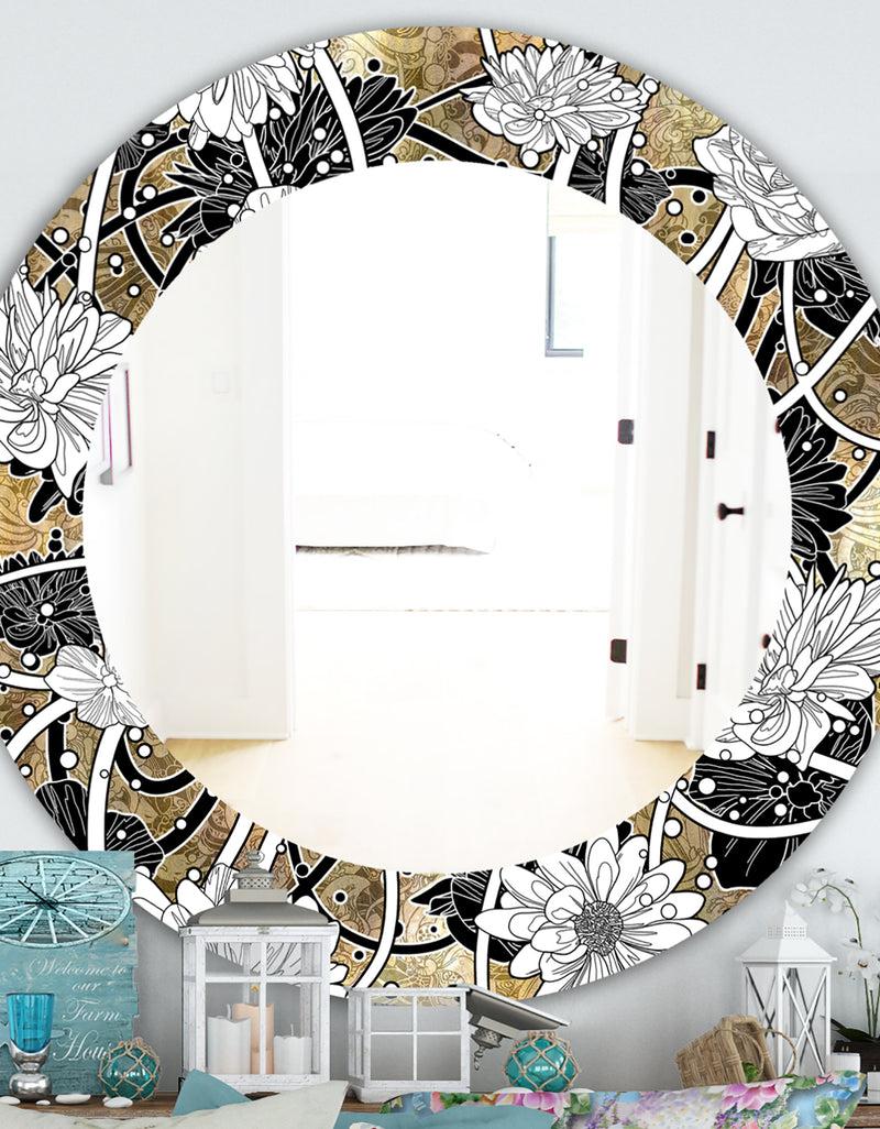 designq White Drawn Flowers With Black Roses On Brown - Traditional Mirror - Oval or Round Wall Mirror