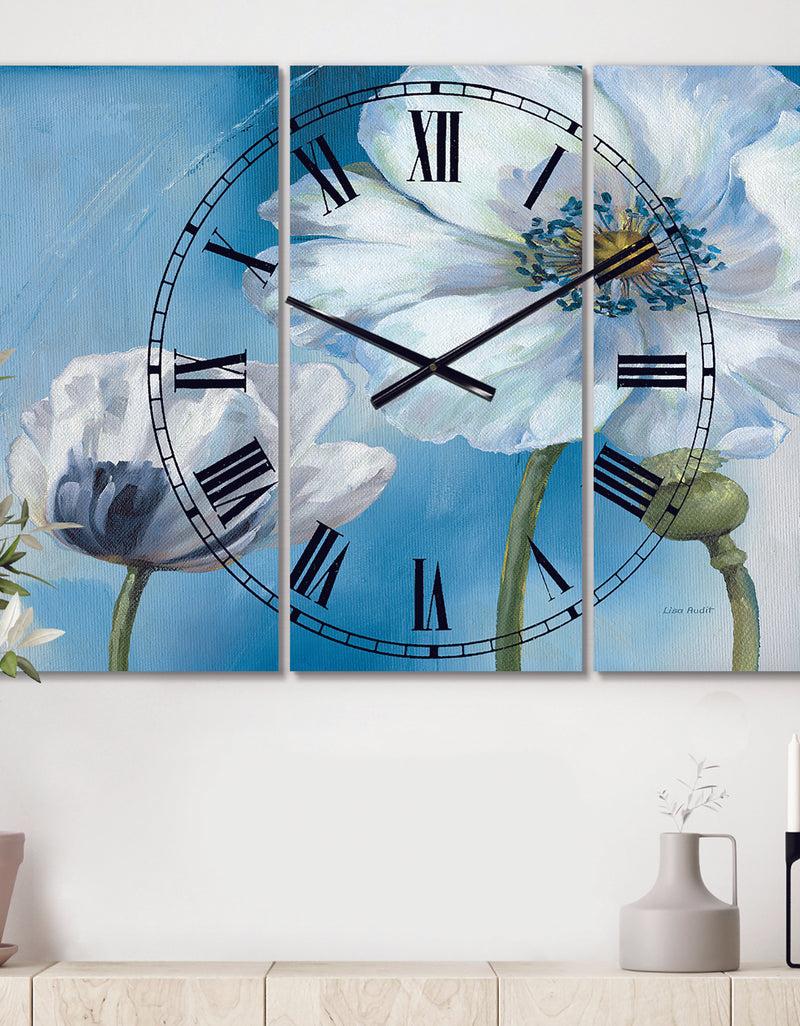 designq White Flower on Blue I - Cottage 3 Panels Large Wall CLock