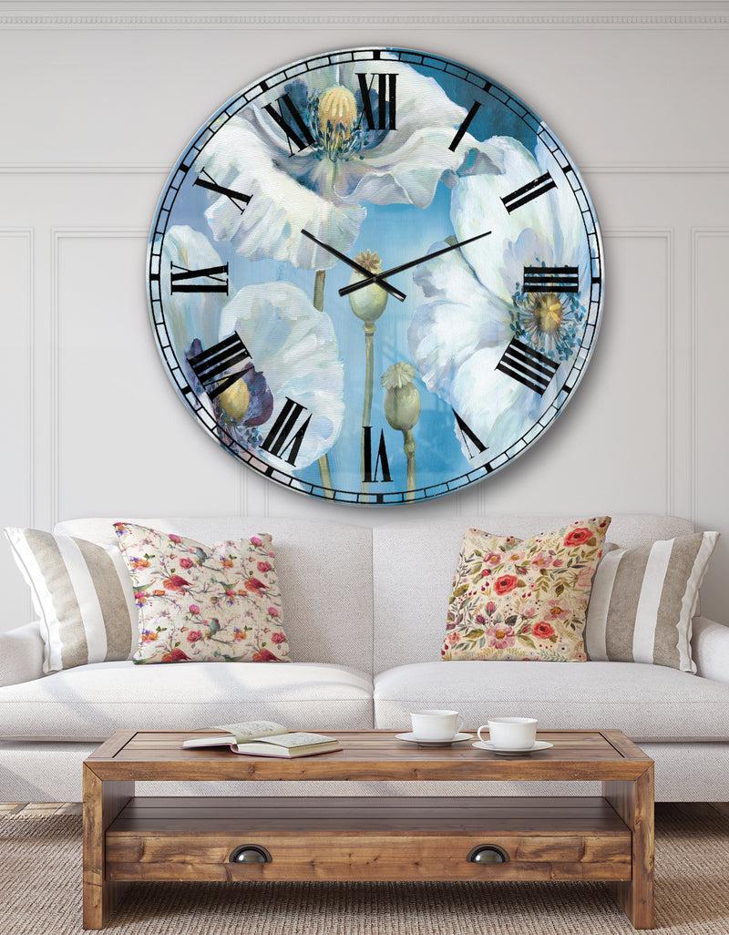 designq White Flower on Blue II - Farmhouse Large Wall CLock