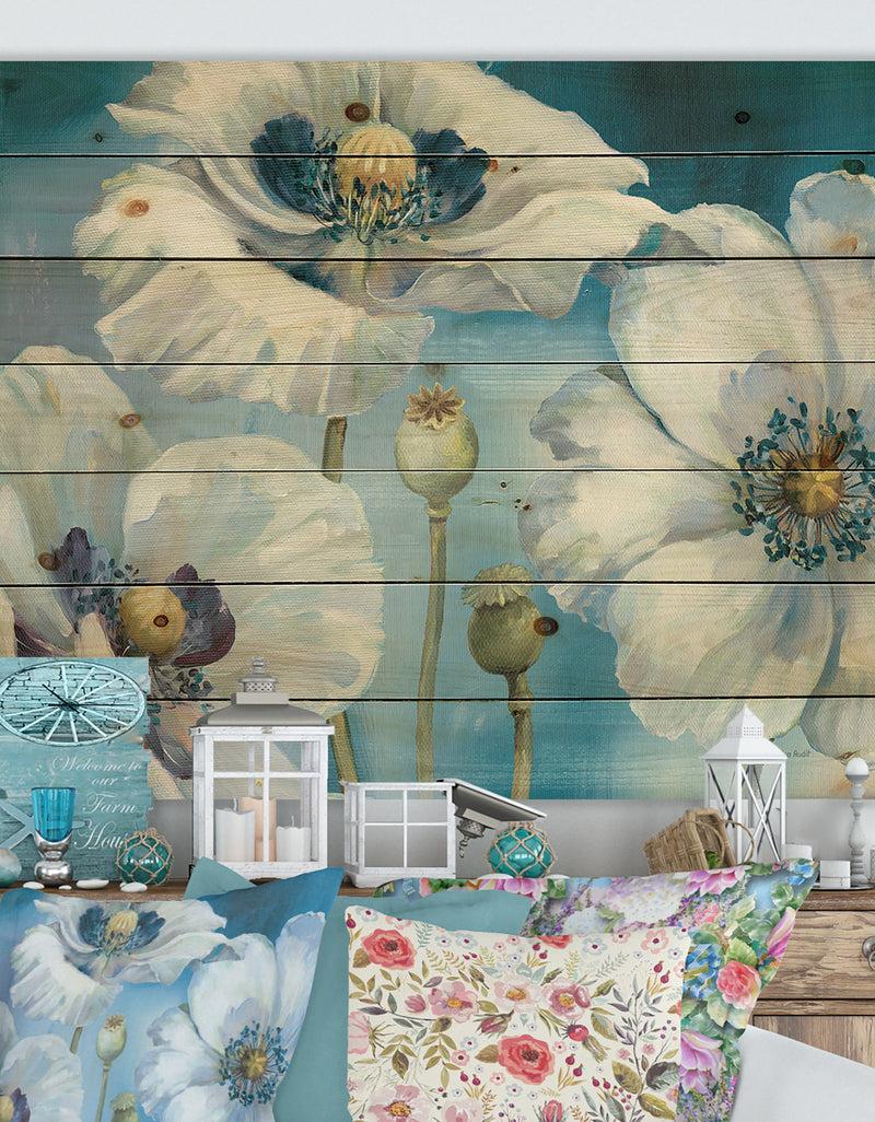 designq White Flower on Blue II - Farmhouse Print on Natural Pine Wood