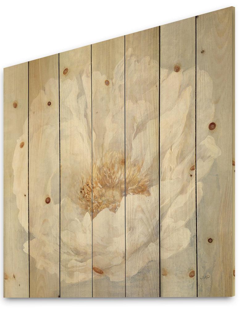 Designq White Serene Peony - Cottage Print On Natural Pine Wood