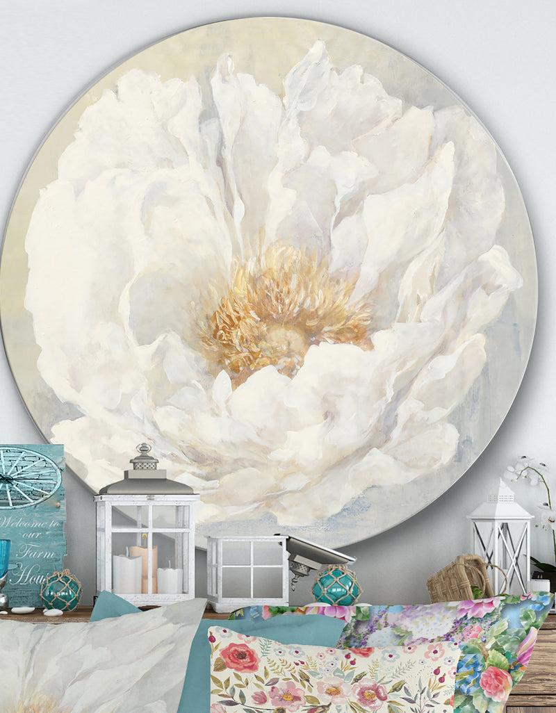designq White Serene Peony - Farmhouse Metal Circle Wall Art