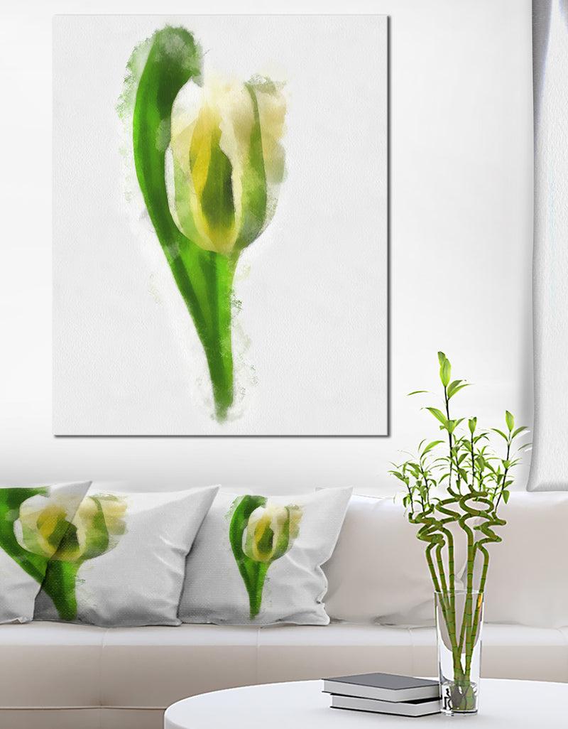 designq White Tulip with Green Leaves - Large Floral Canvas Artwork