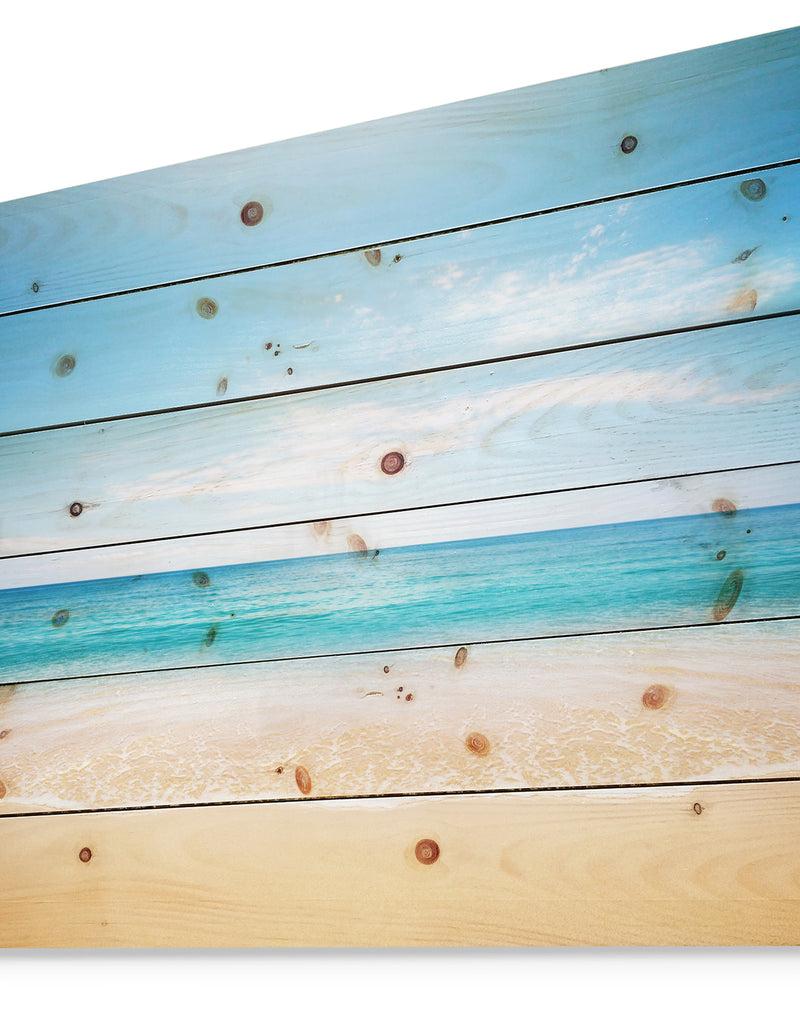 Designq Wide Blue Sky Over Beach - Seashore Photo Print On Natural Pine Wood