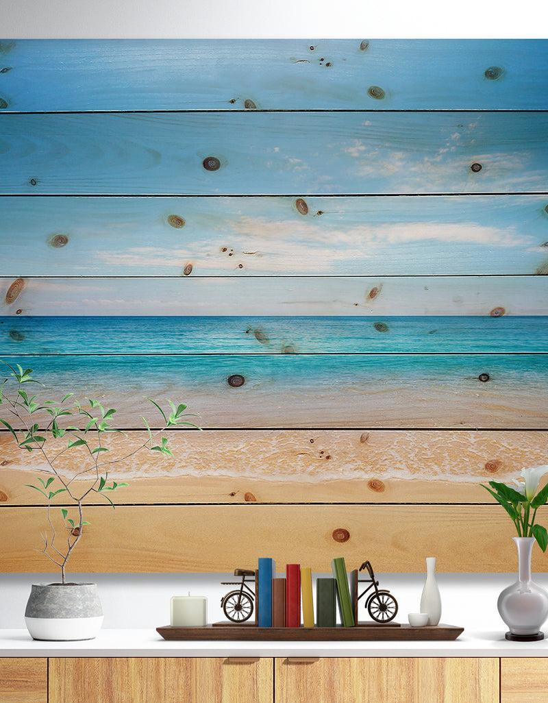 designq Wide Blue Sky Over Beach - Seashore Photo Print on Natural Pine Wood