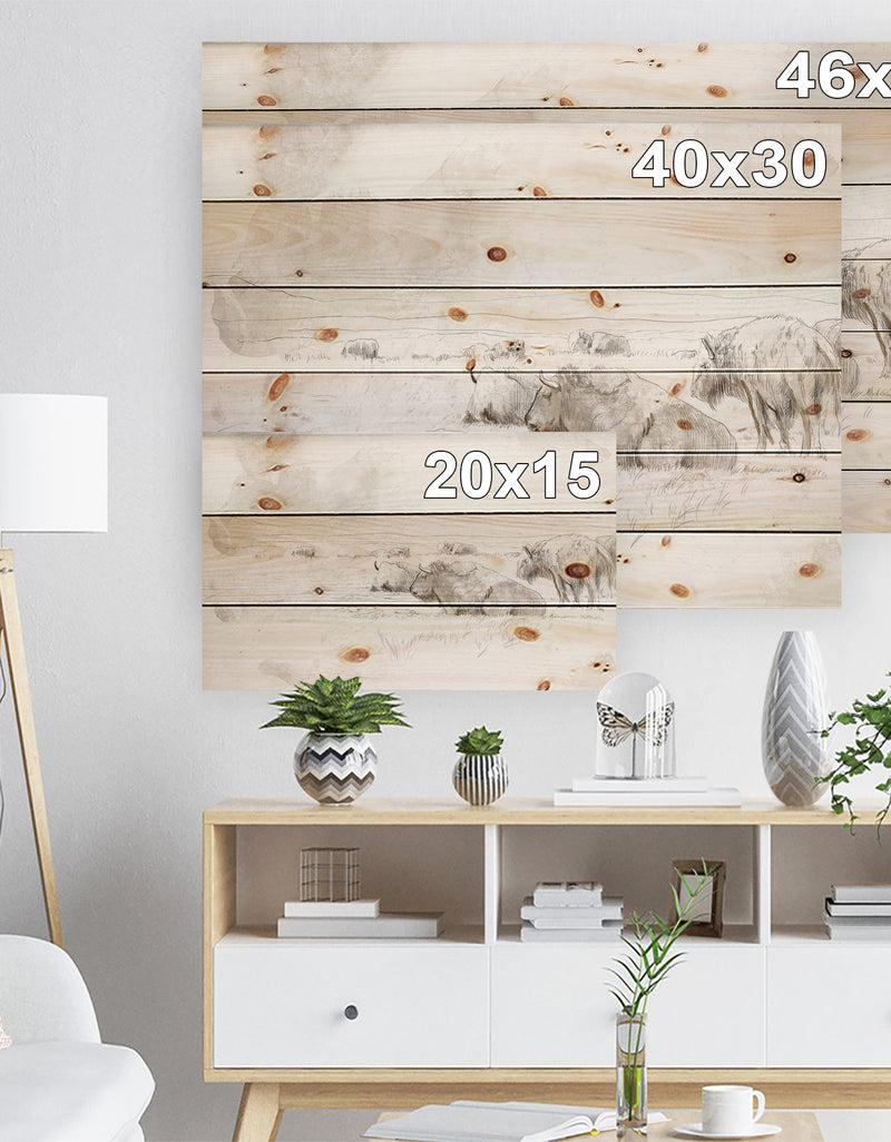 Designq Wild Bison Buffalo Sketch - Farmhouse Animal Painting Print On Natural Pine Wood