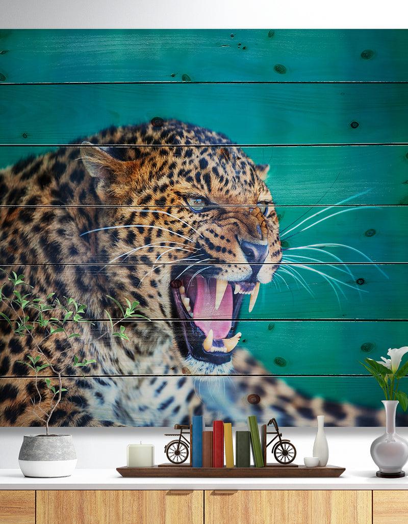 designq Wild Leopard Close Up View - Abstract Print on Natural Pine Wood