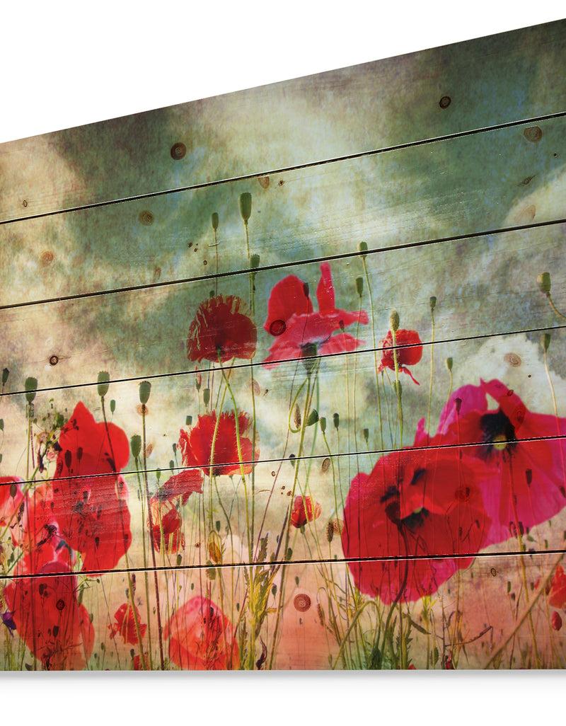 Designq Wild Red Poppy Flowers In Sky - Floral Print On Natural Pine Wood