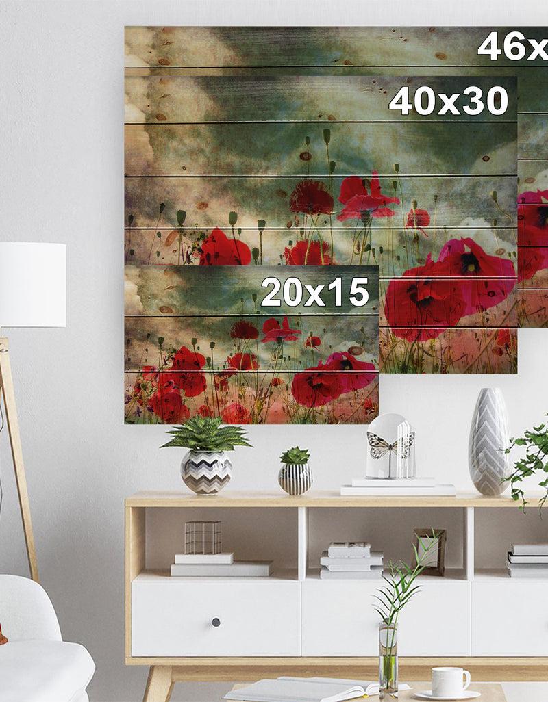 Designq Wild Red Poppy Flowers In Sky - Floral Print On Natural Pine Wood