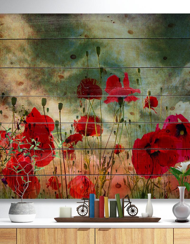 designq Wild Red Poppy Flowers in Sky - Floral Print on Natural Pine Wood