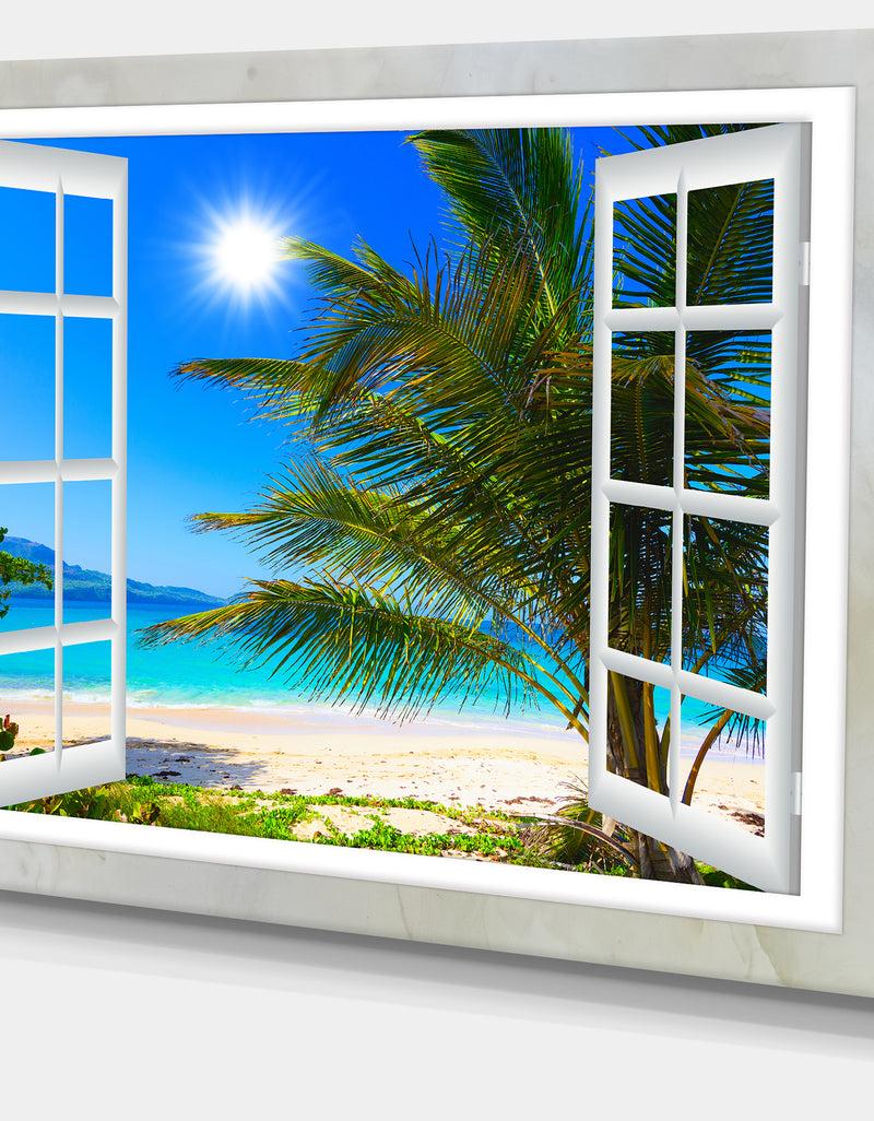 Designq Window Open To Beach With Palm - Extra Large Seashore Canvas Art