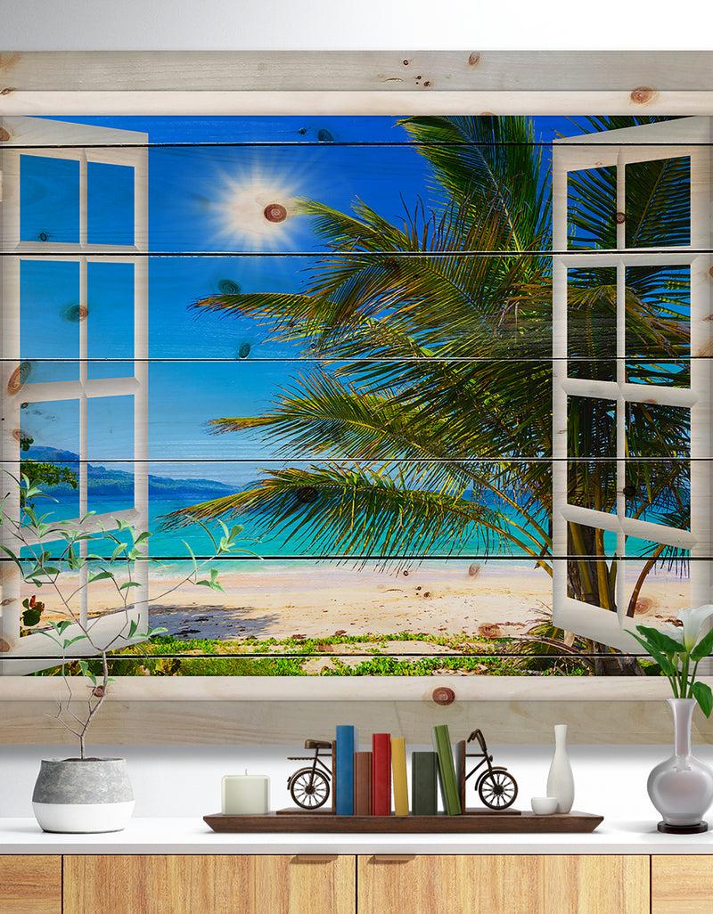 designq Window Open to Beach with Palm - Seashore Print on Natural Pine Wood