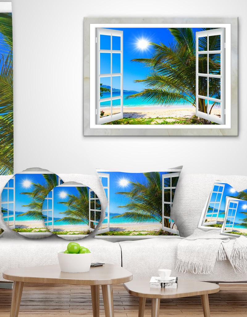 designq Window Open to Beach with Palm - Seashore Throw Pillow