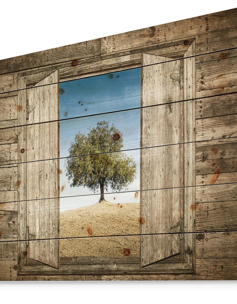 Designq Window Open To Solitary Tree - Farmhouse Print On Natural Pine Wood
