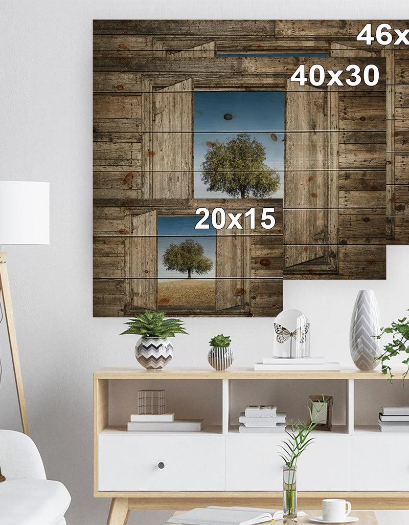 Designq Window Open To Solitary Tree - Farmhouse Print On Natural Pine Wood