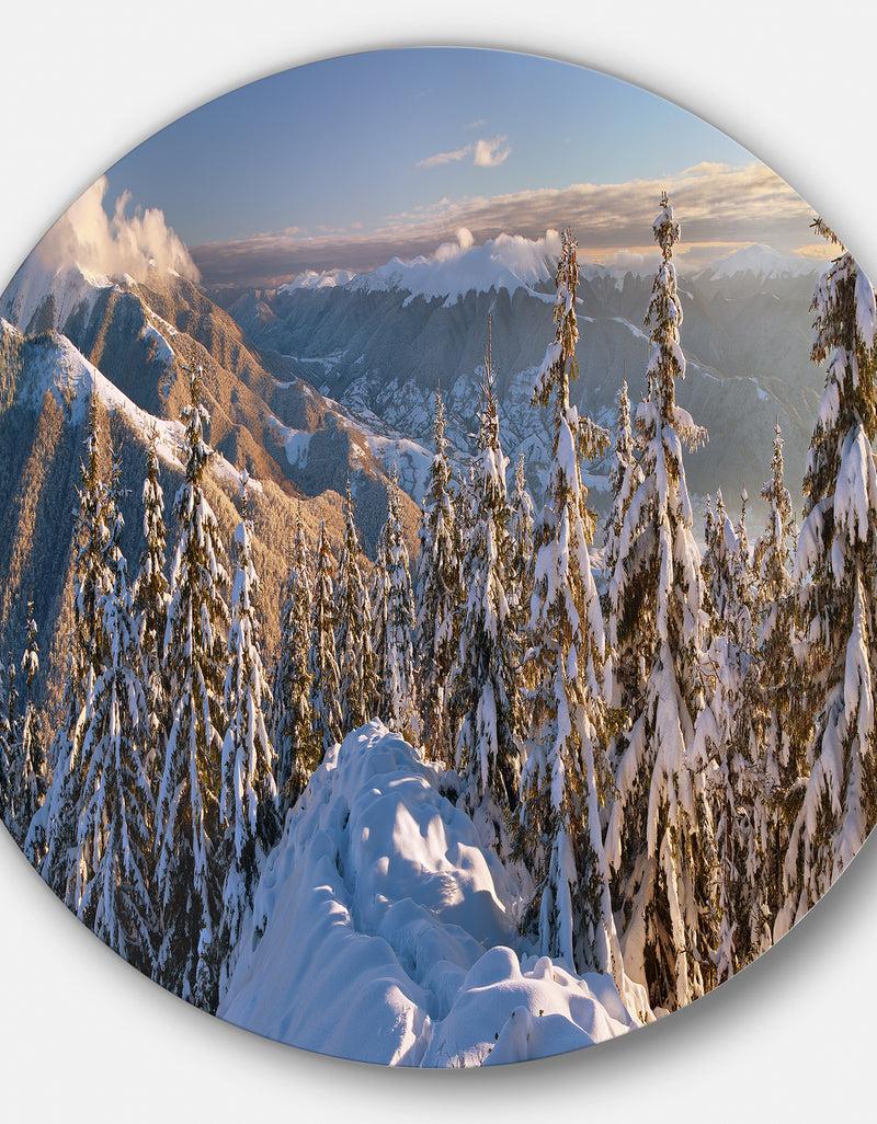 Designq Winter Carpathians Panoramic View - Landscape Round Metal Wall Art