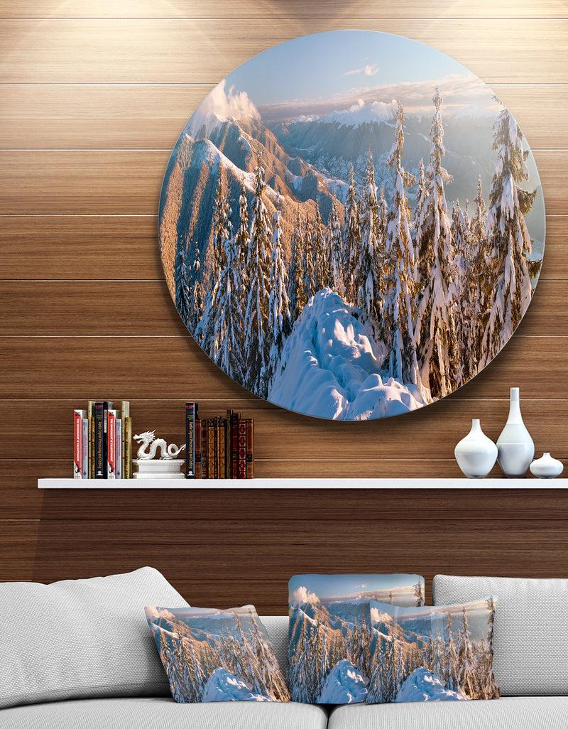 designq Winter Carpathians Panoramic View - Landscape Round Metal Wall Art