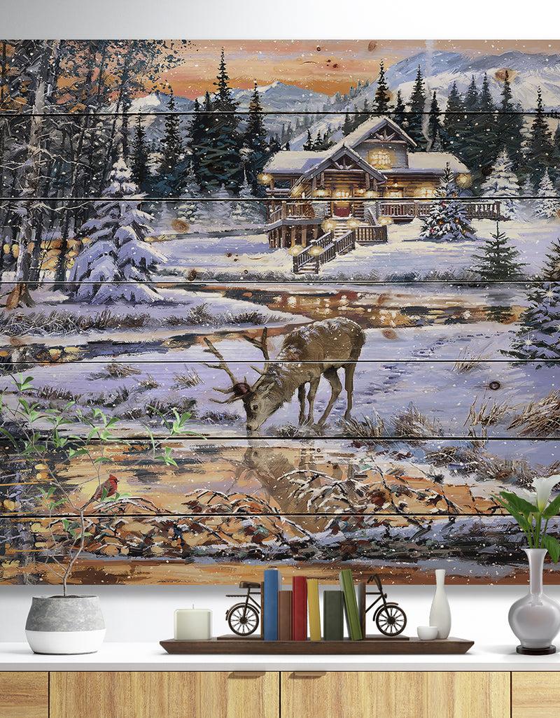 designq Winter Christmas Scene with Buck drinking from Golden River - Print on Natural Pine Wood
