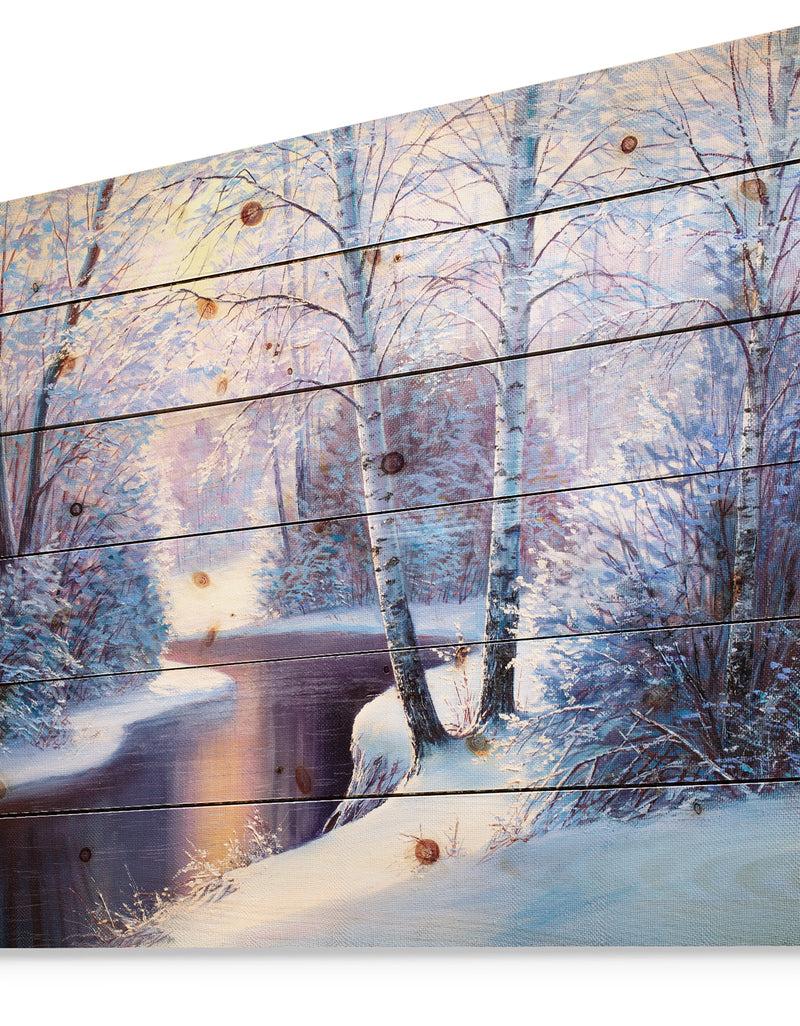 Designq Winter Forest In River Sunset - Landscapes Painting Print On Natural Pine Wood