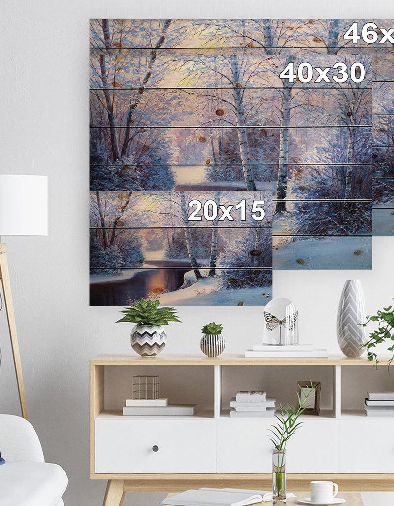 Designq Winter Forest In River Sunset - Landscapes Painting Print On Natural Pine Wood