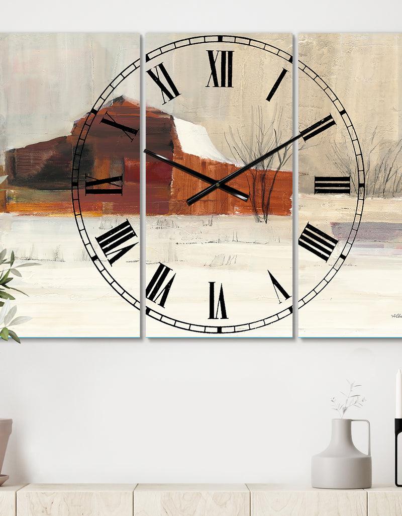 designq Winter in the Barns - Cottage 3 Panels Oversized Wall CLock