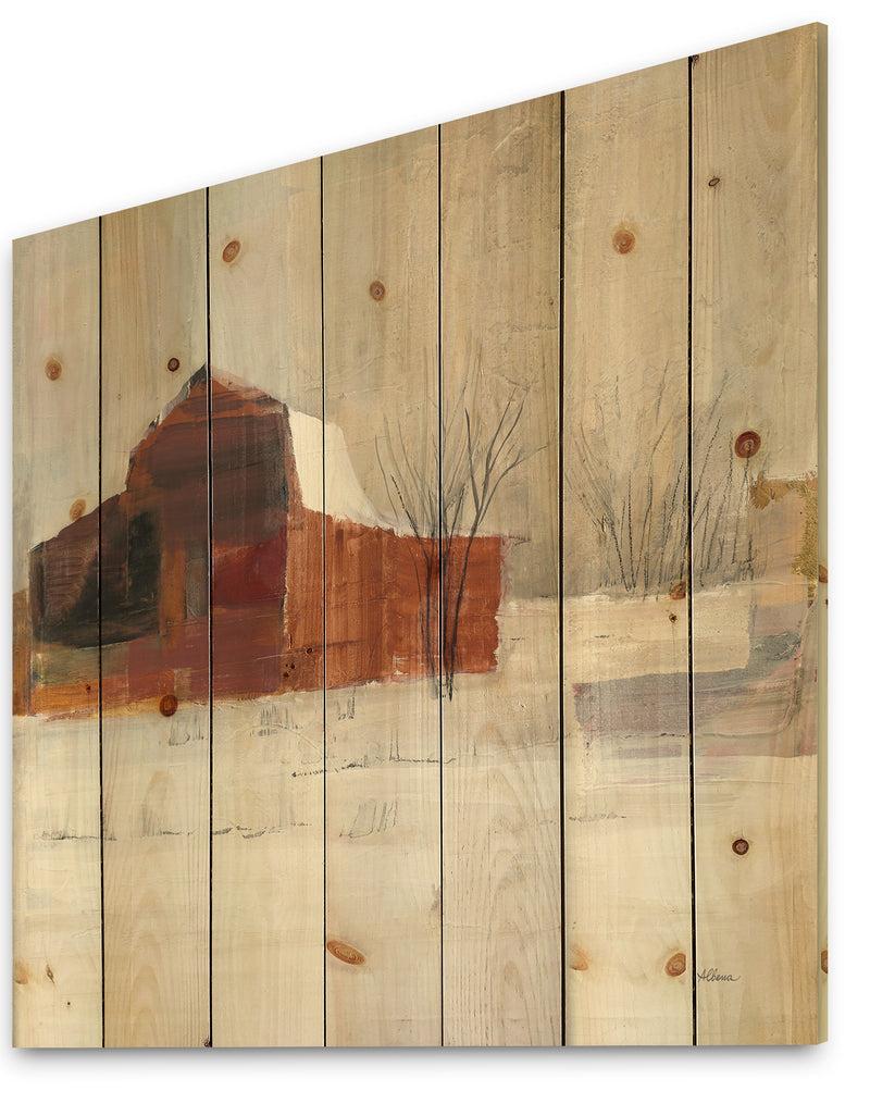 Designq Winter In The Barns - Farmhouse Print On Natural Pine Wood