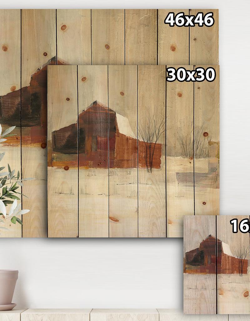Designq Winter In The Barns - Farmhouse Print On Natural Pine Wood