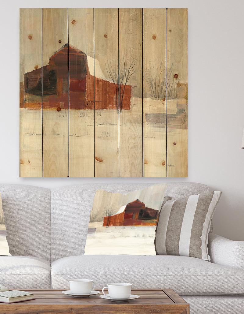 designq Winter in the Barns - Farmhouse Print on Natural Pine Wood